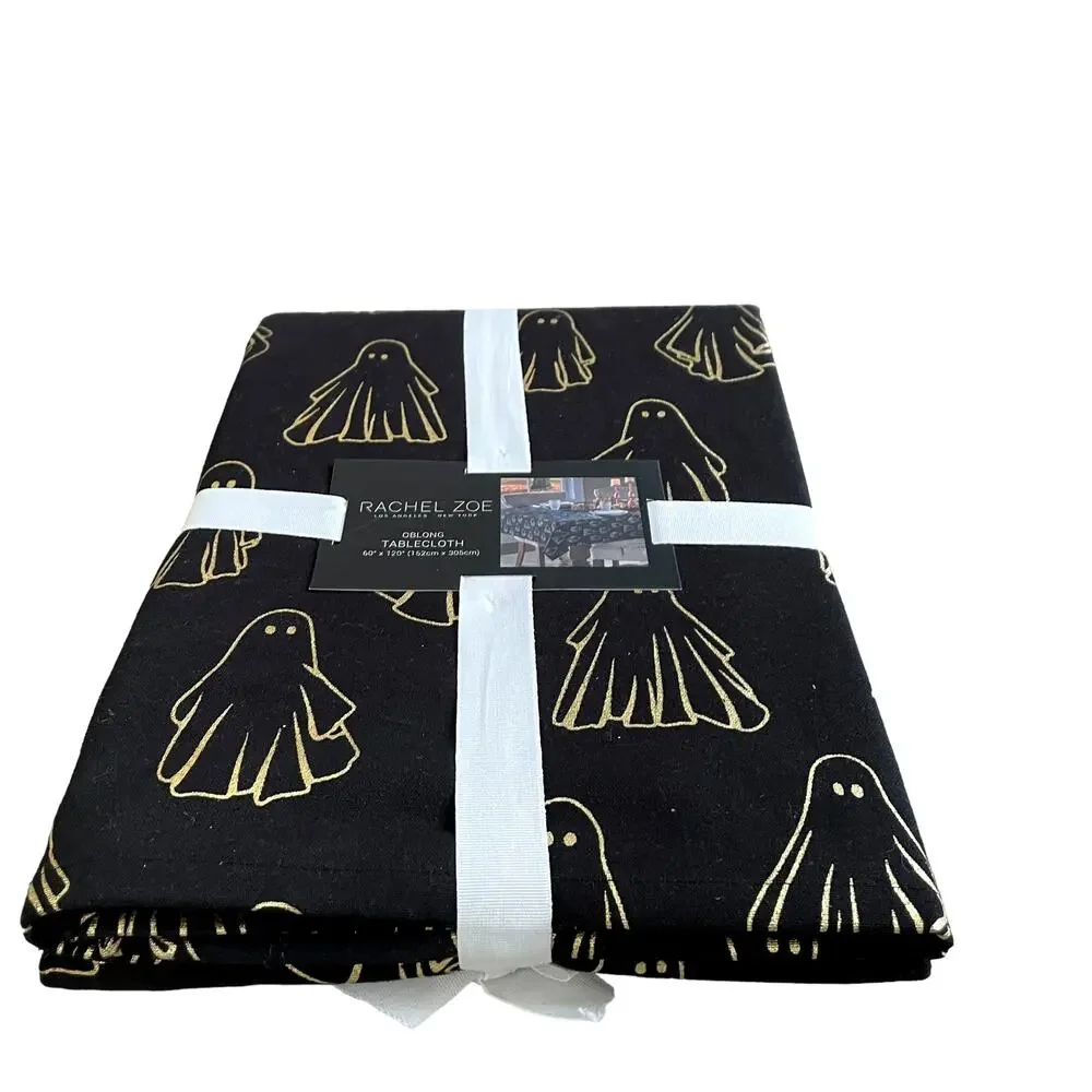 Rachel Zoe HALLOWEEN GHOST Tablecloth 60x120 Oblong Cotton Black & Gold NEW